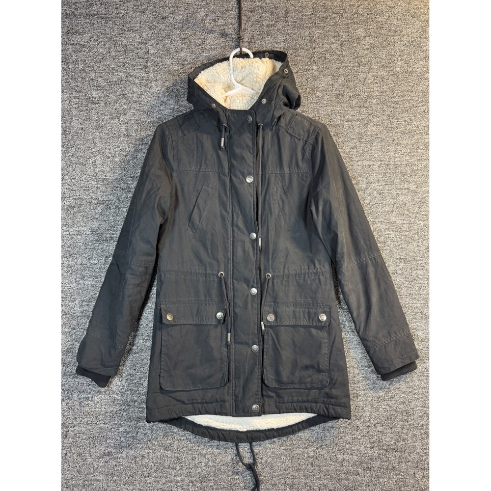 Black Sherpa Lined Hooded Parka Jacket Utility Canvas Winter Coat Women Medium
